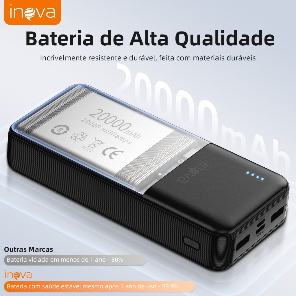 INOVA Power bank portátil 20000mAh turbo carregador tipo c rápido para viagens trabalho uso diário em Oferta na Shopee
