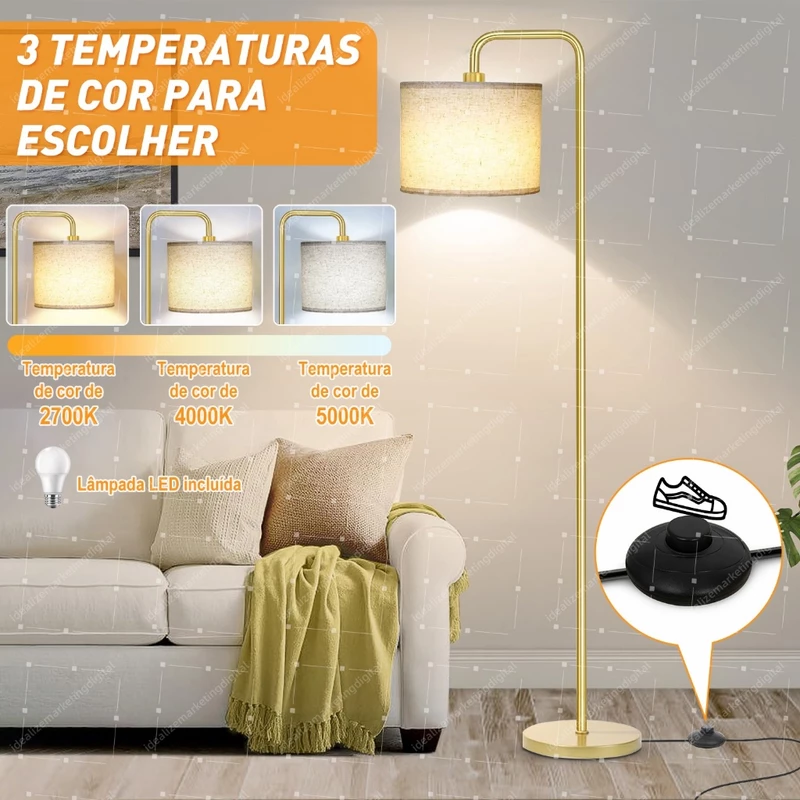 Luminária de Chão Abajur de Leitura 1,60m Dourada Bivolt 110/220v — foto 2