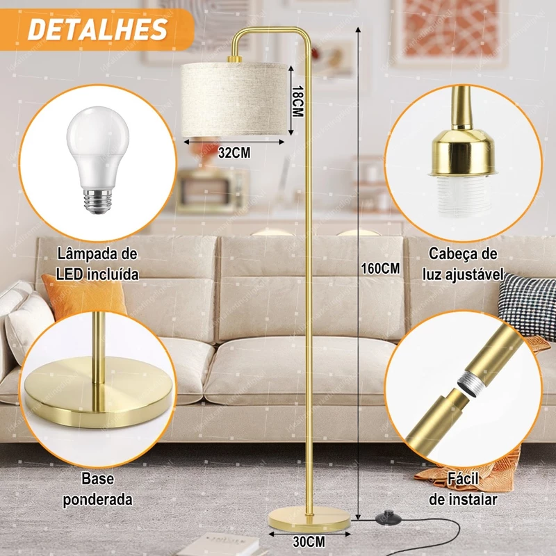 Luminária de Chão Abajur de Leitura 1,60m Dourada Bivolt 110/220v — foto 8