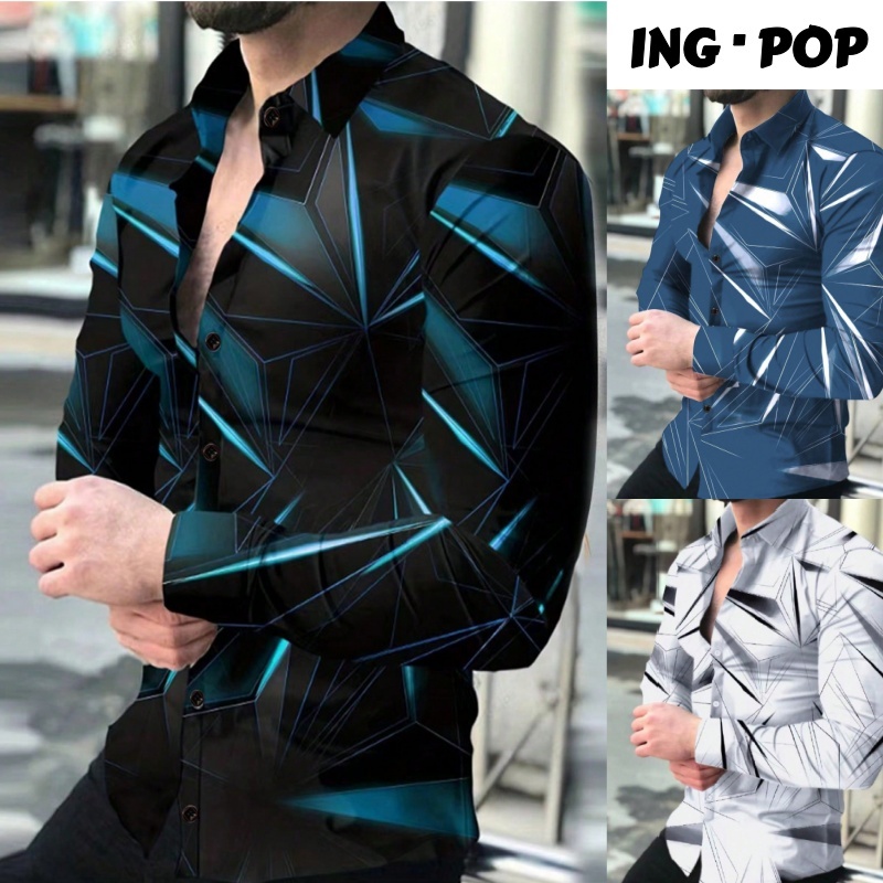 Camisa Social Estampada de Botão Casual Masculina Na Frente de Manga Longa Casual para Negócios