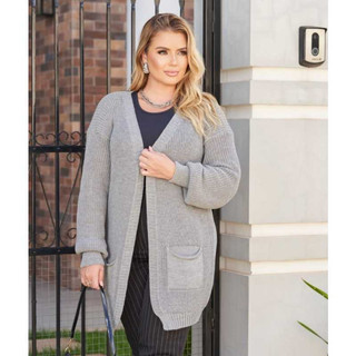Cardigan Tricot Comprido Bolso Canelado Elegante Estiloso Tricô Outono Inverno
