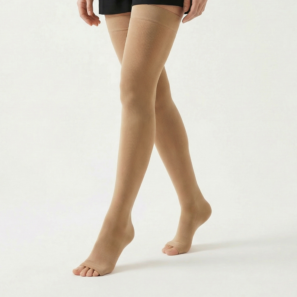 Meia 7/8 com dedo aberto e compressão, meia elástica de coxa sem ponteira, que também ajuda na prevenção de varizes, etc em Oferta na Shopee
