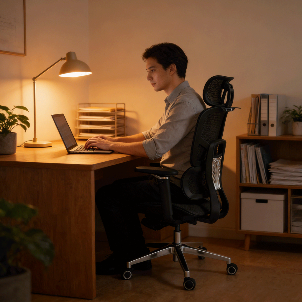 Cadeira Ergonômica Profissional Reclinável Apoio Lomar Ajustável Cadeira Escritório Completa Descanso Pé 130-138CM