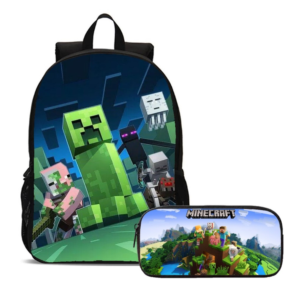 Kit Mochila e Estojo Escolar Personalizado Minecraft Gamer Steve Creeper e Espada Mundo Pixel Infantil