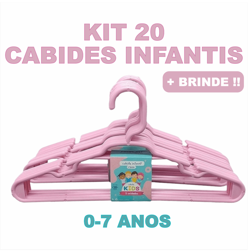 Kit 20 Cabides Infantil Rosa para Menina Plástico Resistente Roupas Guarda Roupa de Bebê e Criança