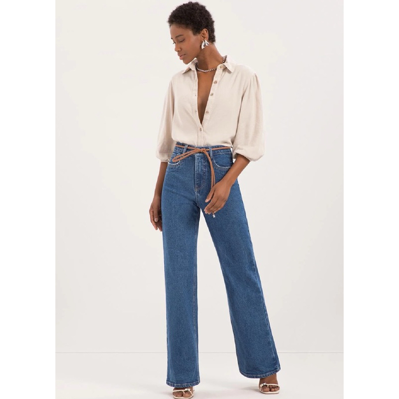 Calça Jeans Wide Leg Chapa Barriga Feminina Lunender
