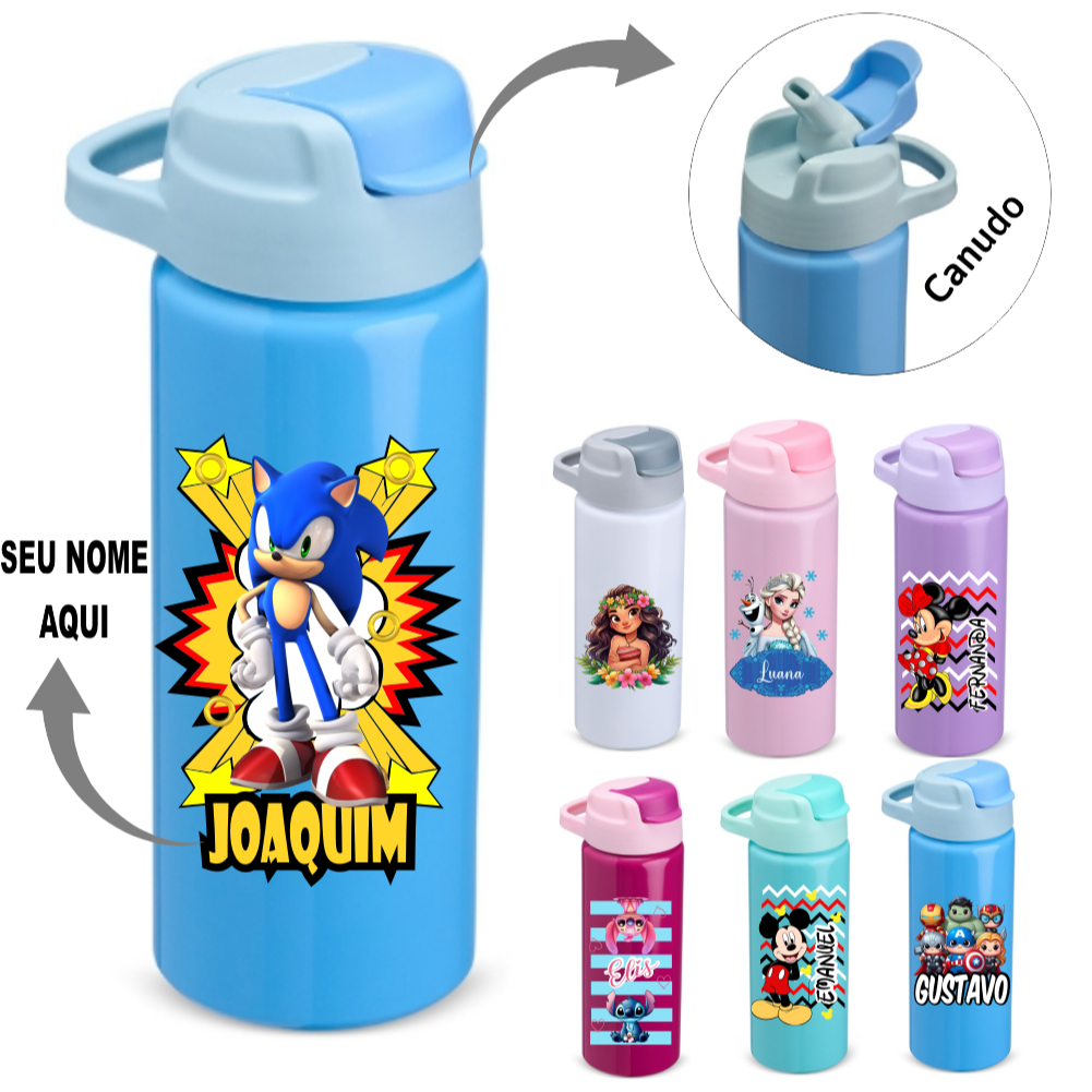 Garrafa Alumínio 600ml Com Canudo Personalizada COM SEU NOME  Escola Criança Squeeze  várias estampas em Oferta na Shopee