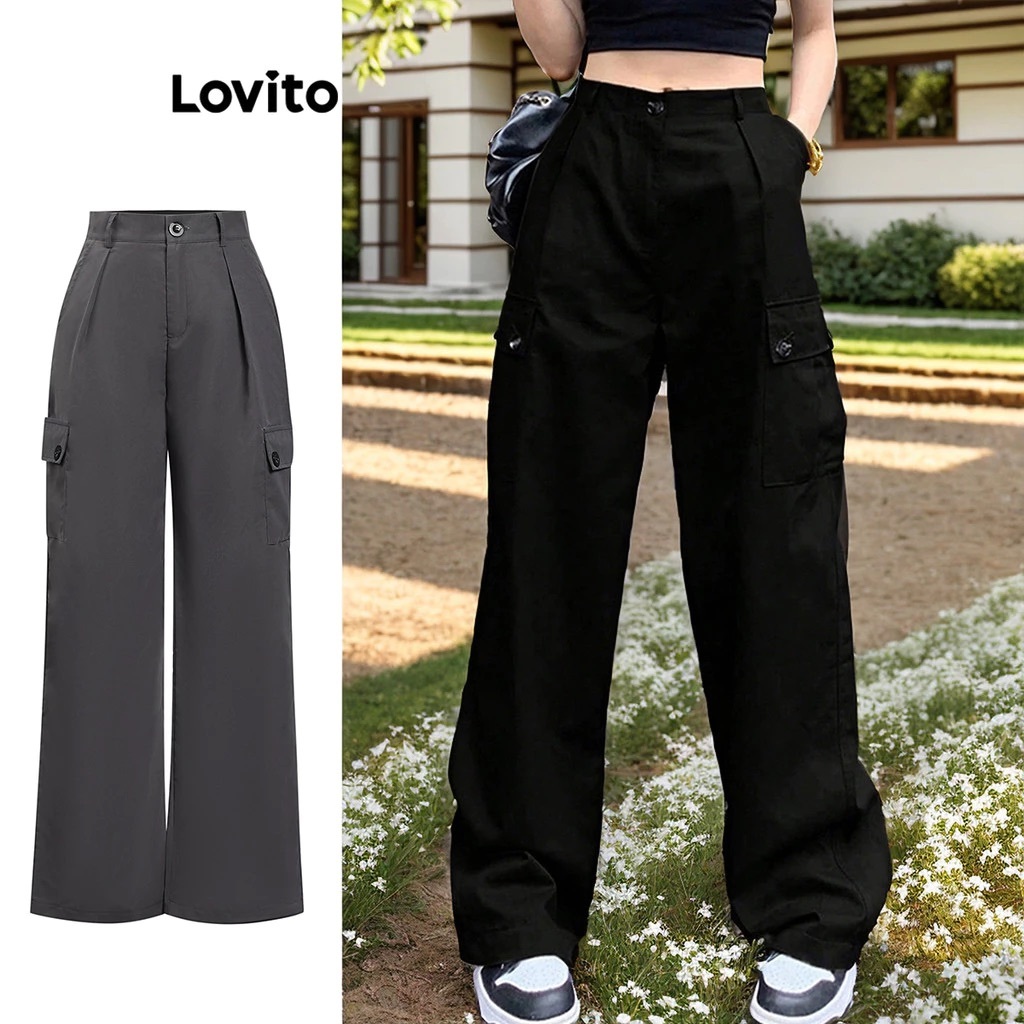 Lovito Calças Básicas com Bolsos para Mulheres L74ED087 em Oferta na Shopee
