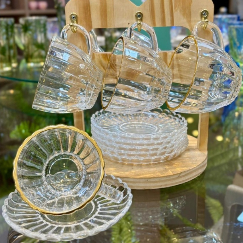 Conjunto Xícaras Fio de Ouro Cha e Cafe 12 Peças Com Pires Petala Transparente Vidro 100ml Decorada