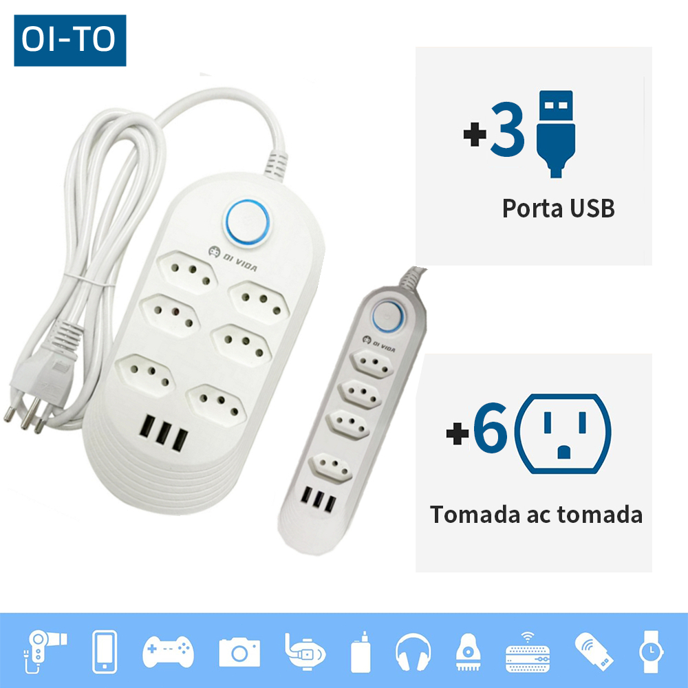 Extensão Elétrica 2m Com 6 Tomadas e 3 Entradas USB com Botão Power Socket 2500W 10A 110v 250v 4 Tomada Filtros de Linha