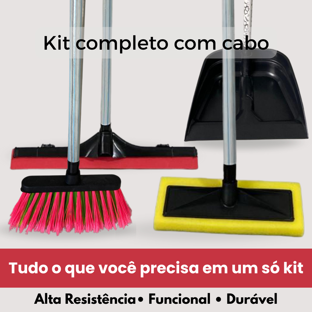 Kit Limpeza 4 Peças com Cabo Vassoura + Rodo + Pá de Lixo + Limpa Azulejo