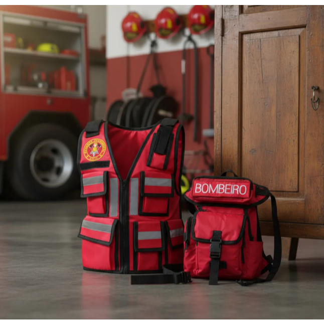 Kit Colete Funcional com Bombeiro Civil + Pochete Vermelho com Bordado BOMBEIRO
