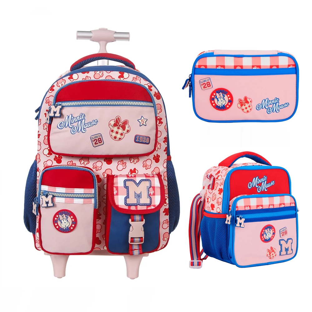 KIT MOCHILA DE RODINHA MINNIE VICHY COM LANCHEIRA TÉRMICA E ESTOJO BOX