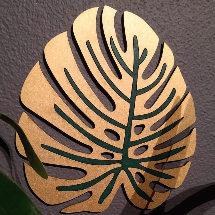 Placa Quadro Costela de Adão Gold Monstera Madeira MDF Com Fita Dupla Face Adesiva Dourado