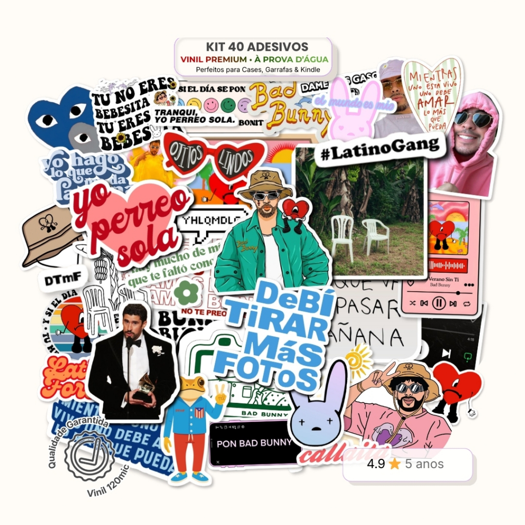 Kit 40 Adesivos Bad Bunny - Vinil à Prova D’Água | Stickers Papelaria dtmf REGGAETON Latino em Oferta na Shopee