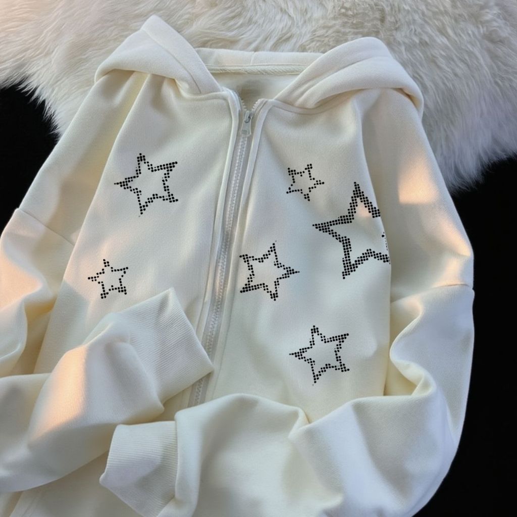 Casaco De Frio Zíper Moletom Estiloso Estilo Y2k Estrelas Tecido Peluciado Moda Inverno em Oferta na Shopee