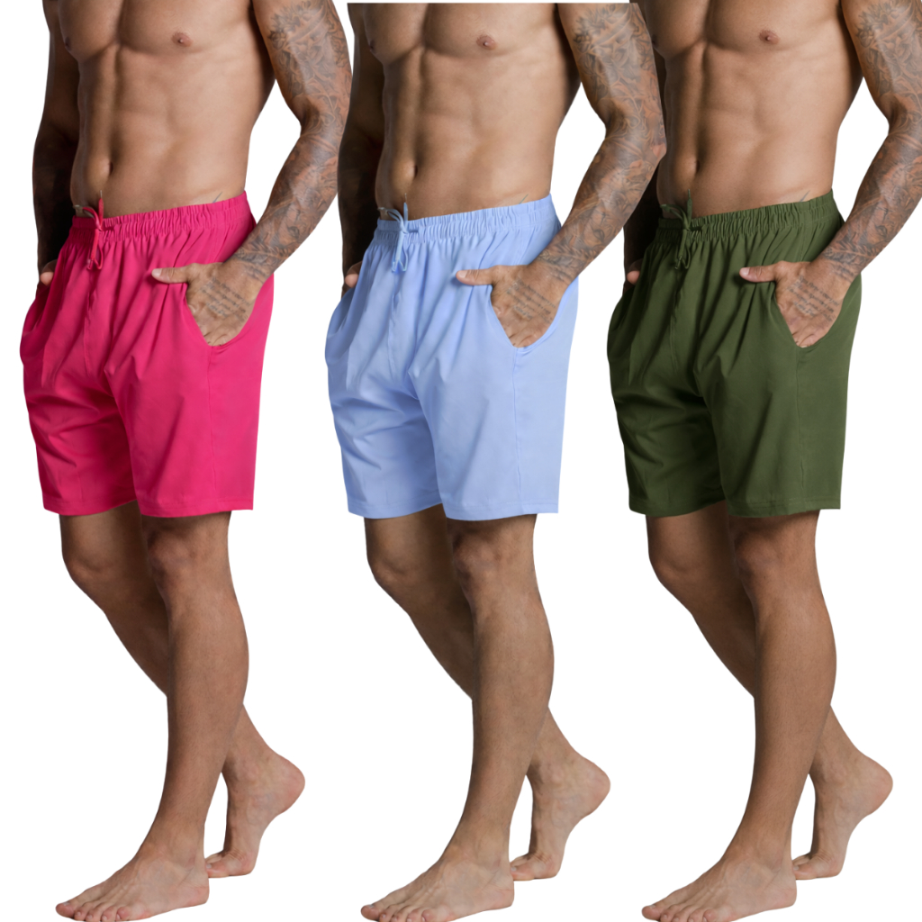 Kit 3 Bermudas Tactel Masculino Com Elastano E Cadarço Liso Confortavel Eficiente Em Esportes Praia