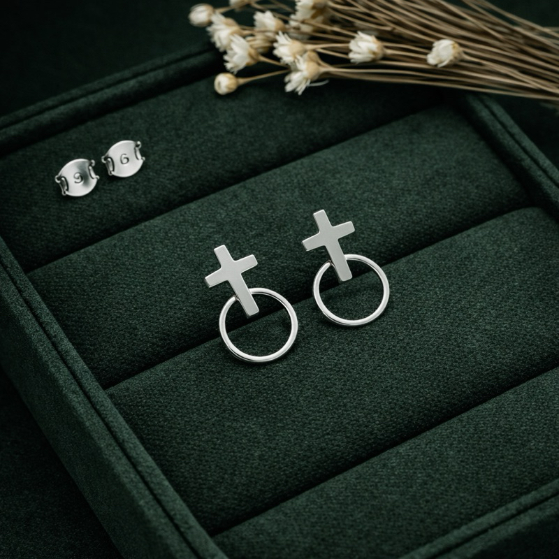 Brinco Redondo Cruz Lisa em Prata 925 Legítima Feminino Religioso Delicado