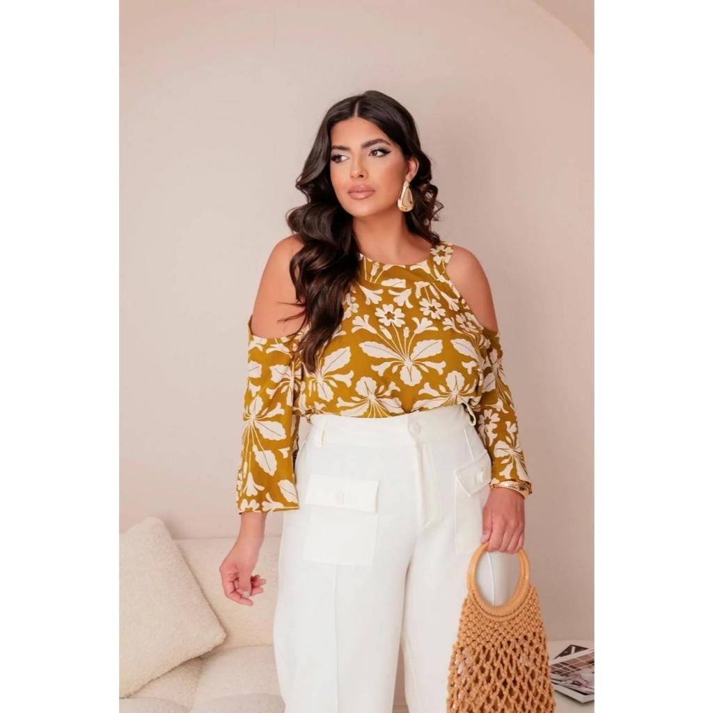 Blusa Plus Size Feminina Ombro Vazado Estampada Manga Evasê Viscose Leve 44 ao 54