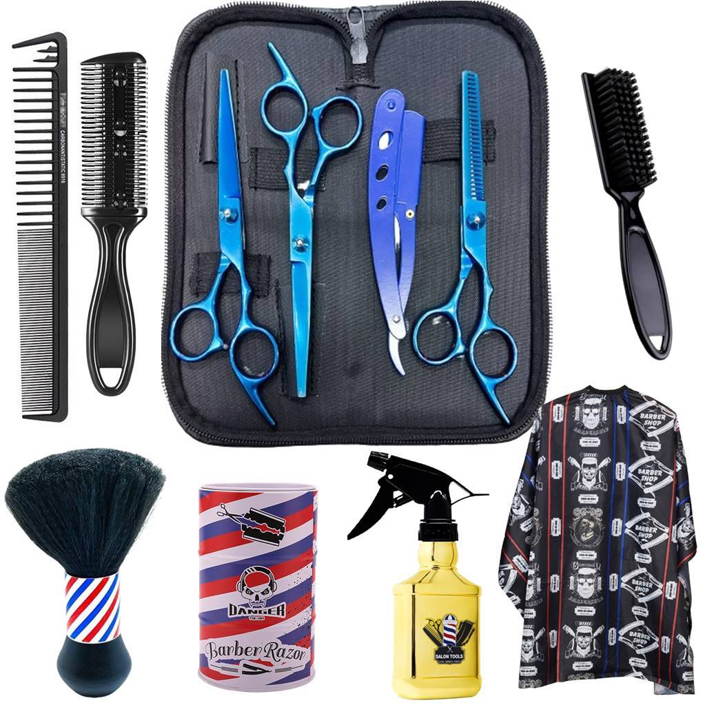 KIT TESOURAS AZUL  + CAPA CORTE  +PENTE NAVALHA+ ESPANADOR + PENTE CABELO + BORRIFADOR + ESCOVINHA+ DESCARTE LAMINA
