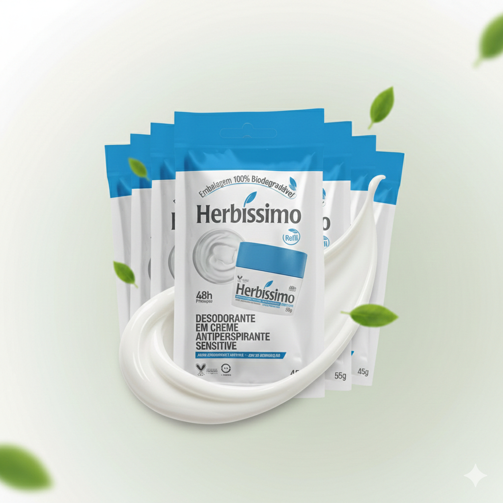 Kit 10 unid -  Sachê Refil Desodorante Creme Antitranspirante Herbissimo Sensitive 45G em Oferta na Shopee