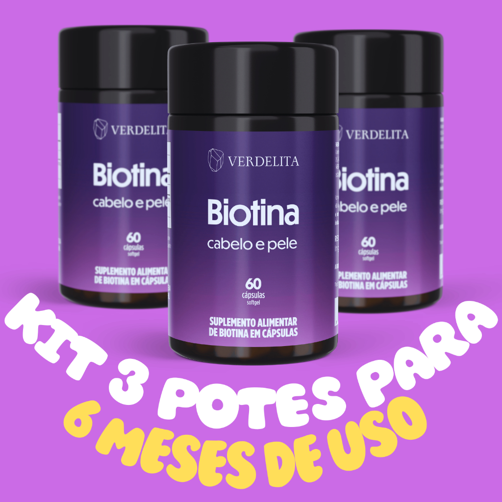Kit 3x - Biotina Original 100% Pura - Premium Verdelita – Cabelo, Pele e Unhas | 60 Cápsulas Softgel em Oferta na Shopee