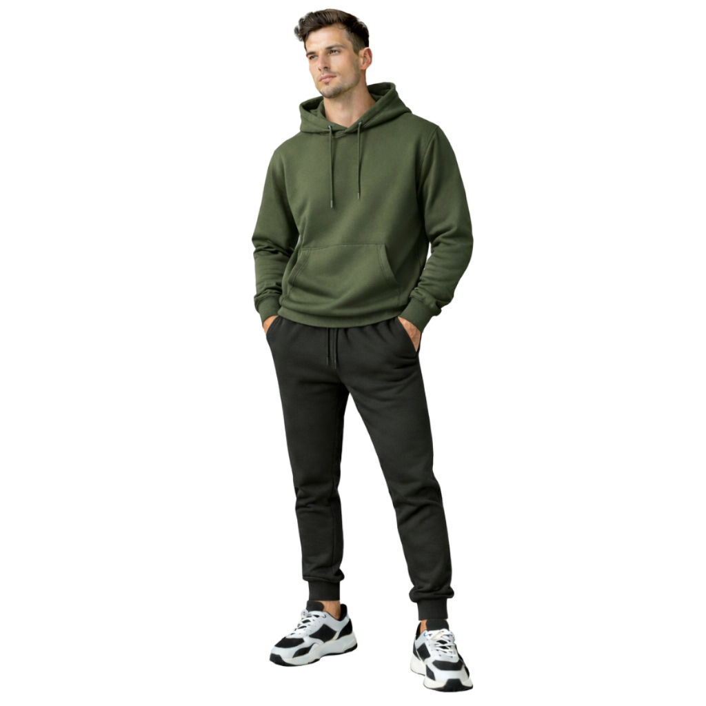 Conjunto De Frio Moletom Liso Casaco Sem Estampa Com Capuz E Bolso Canguru Relaxado
