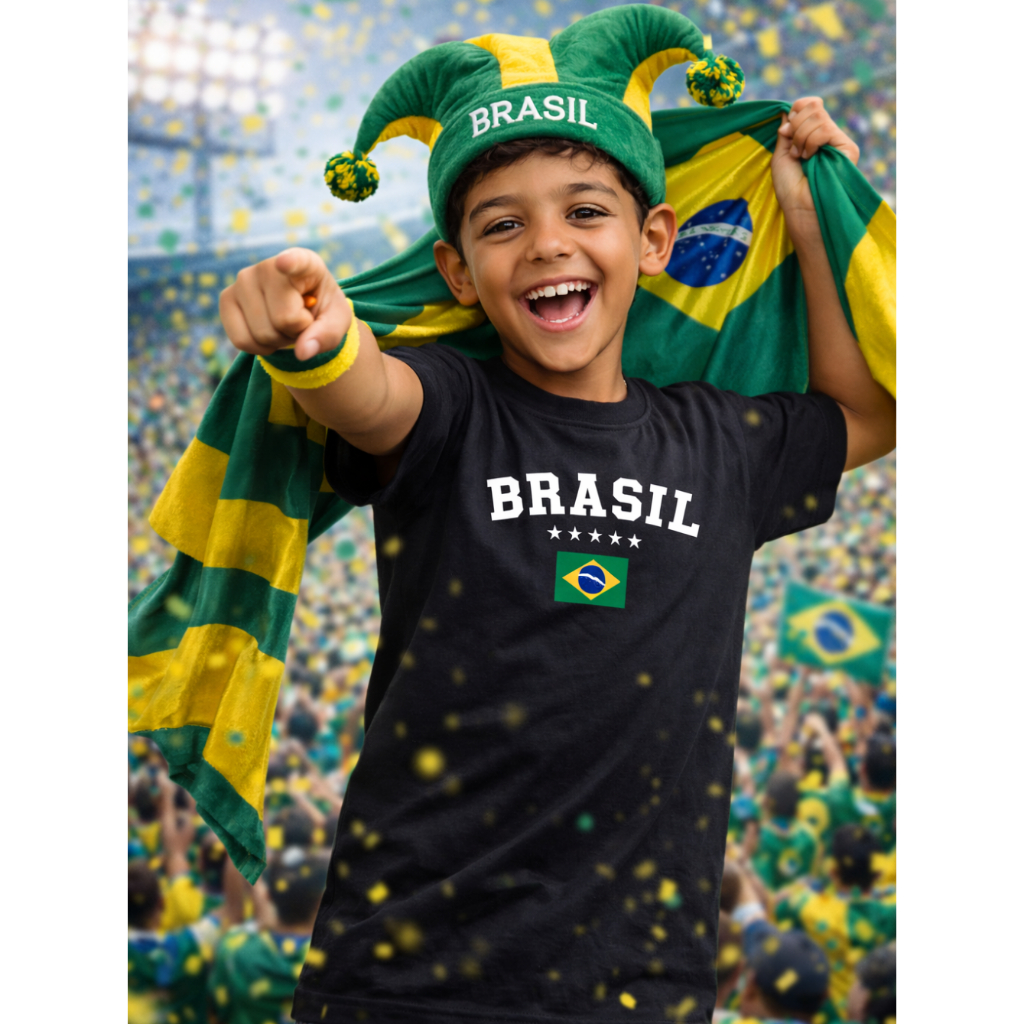 Camiseta Brasil Preto Infantil Unisex Copa do Mundo Brasileiro Juvenil Algodão DTF06