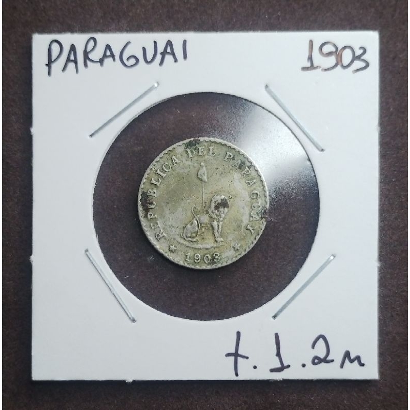 Moeda com 120 anos do Paraguai, 1903, 10 Centavos - Leão e Barrete Frígio, Tiragem Baixa (1.2M)
