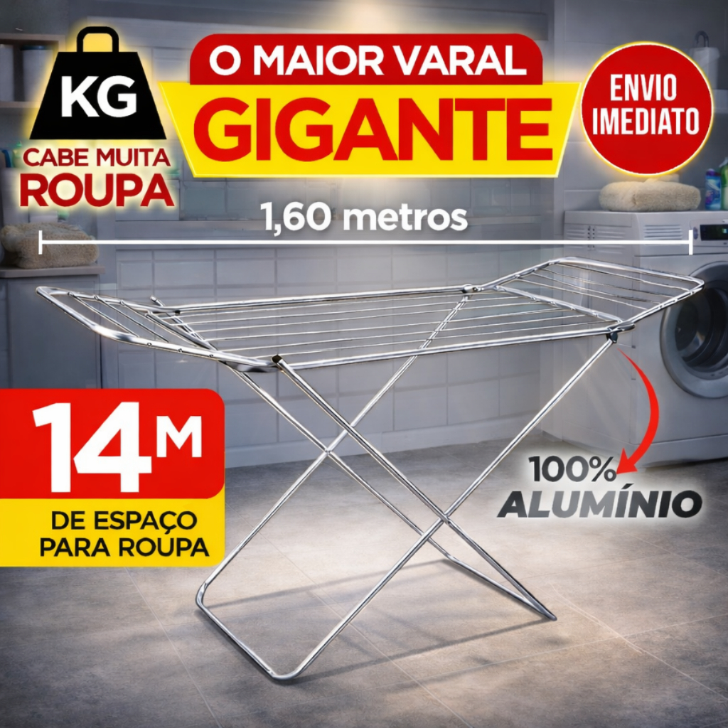 Varal P/ Roupas De Chão 100% Alumínio Grande Reforçado Com Abas Dobrável Retrátil Resistente