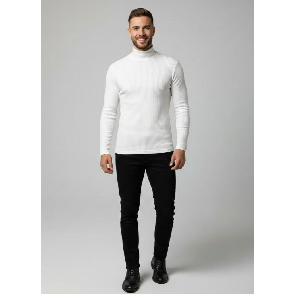Camiseta Masculina Gola Alta Manga Longa Canelada Slim Fit Estilo Casual