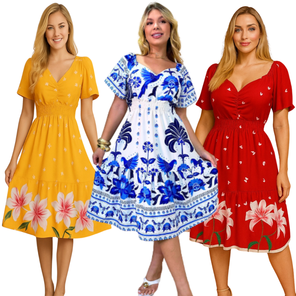 Vestido Casual Estampado com Flores em Estilo A-Line Feminino, Verão em Oferta na Shopee