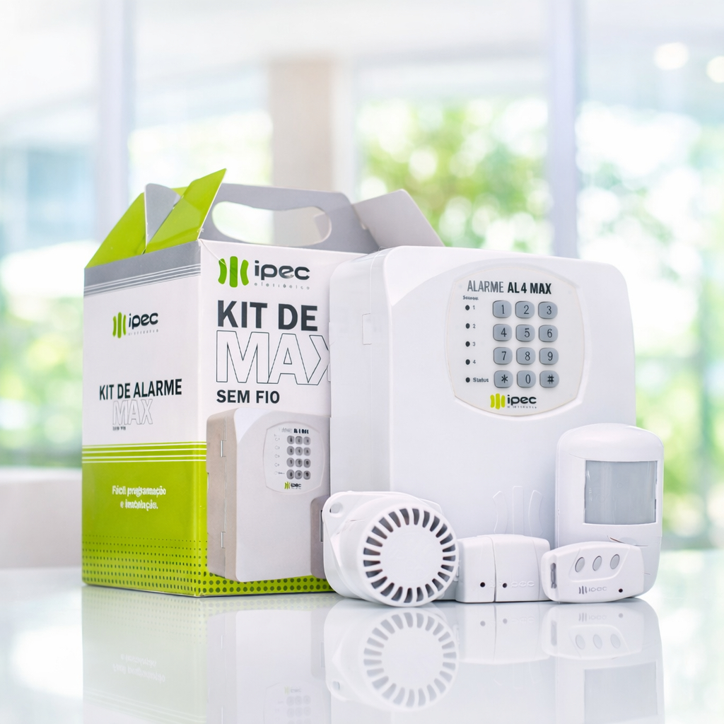 Kit Alarme Residencial Ipec AL4 Max Sem Fio 433MHz Completo 4 Setores com Sensores Sirene e Controle