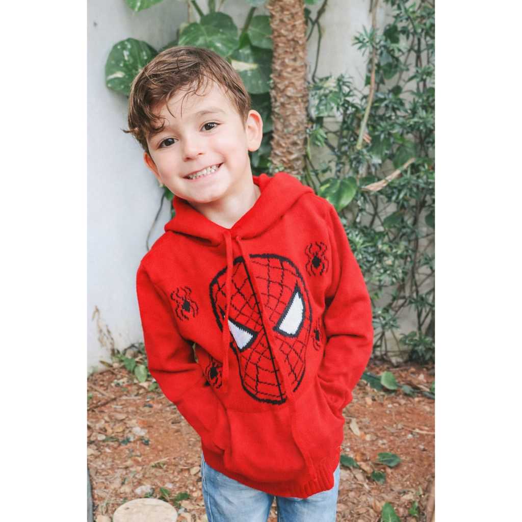 Blusa Moletom Menino Criança Capuz Cordão Homem Aranha Cara Bolso Canguru Barra Punho Canelado
