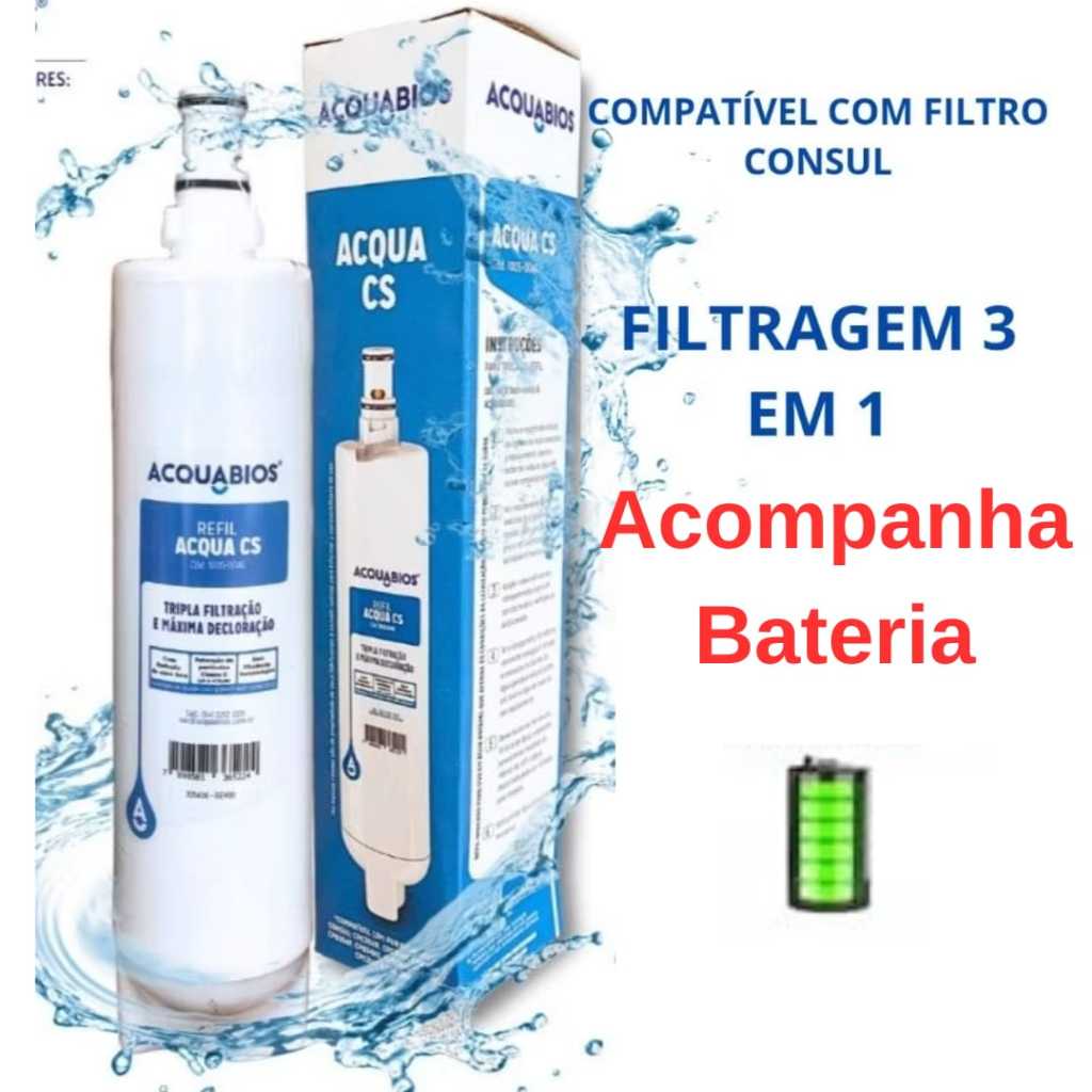 KIT 2 REFIL + 2 BATERIAS INCLUSAS FILTRO COMPATÍVEL COM CONSUL PURIFICADOR ACQUABIOS  ACQUA CS