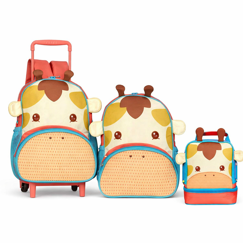 Mochila Infantil Girafa Girafinha Costas de Rodinhas Lancheira 13 Clio Pets Zoo Animais Escolar