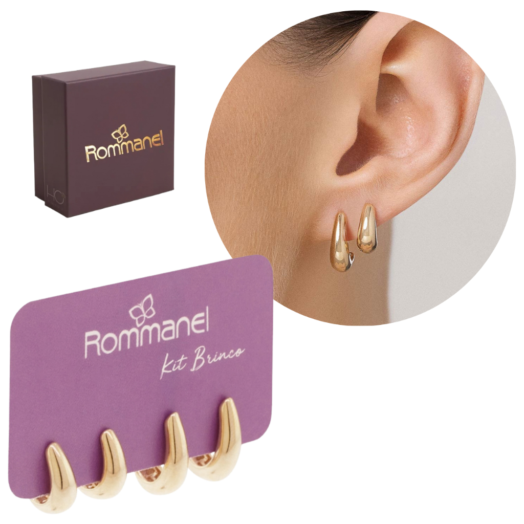 Kit Argolas Rommanel 2 Pares Original Feminina Banhadas A Ouro 18k 1 2 Furos 527513