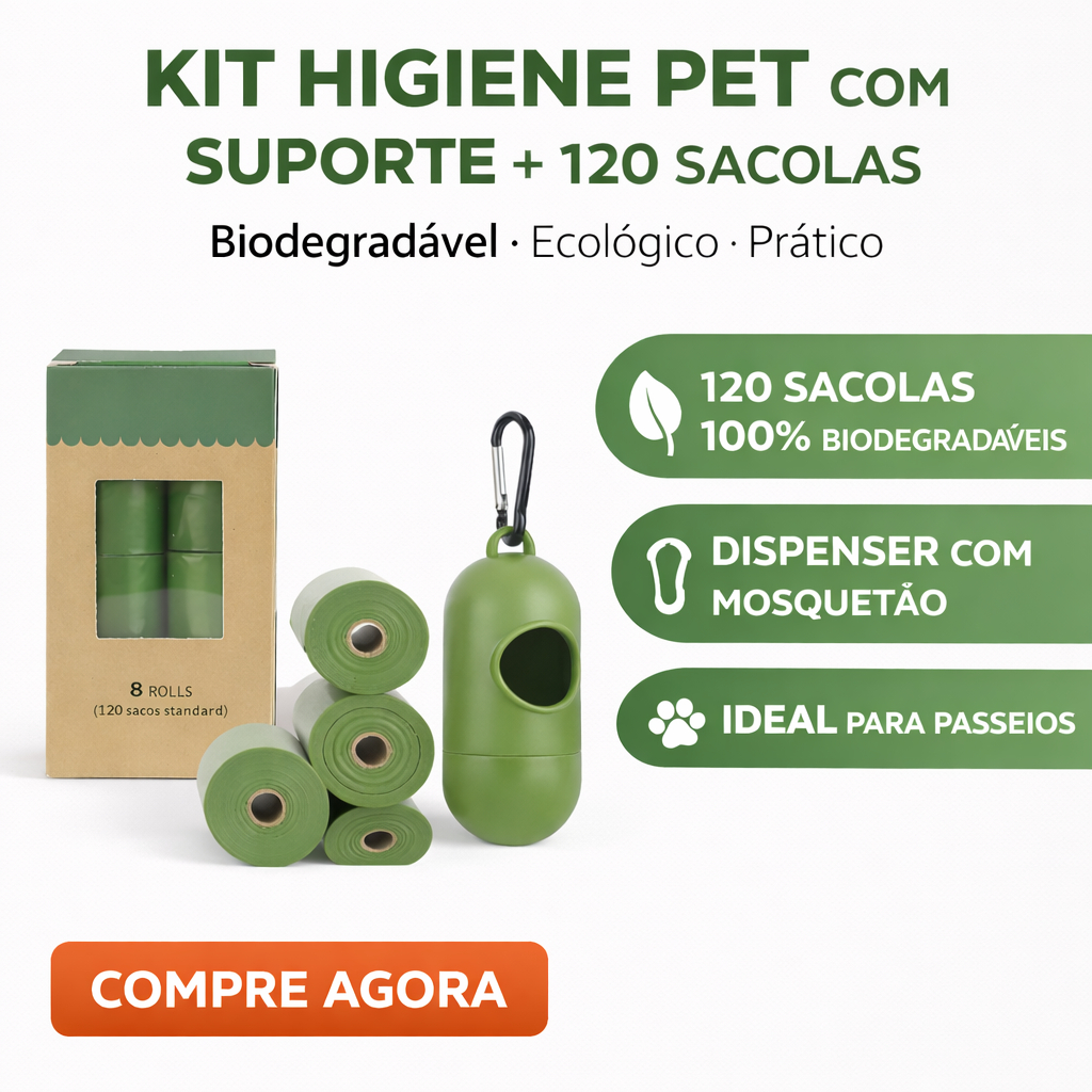 Kit Higiene Pet com Suporte + 120 Sacolas Biodegradável Pets Animal