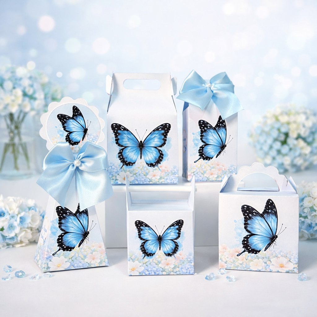 KIT PEGUE E MONTE - Kit festa Jardim das Borboletas Azul Caixas Personalizada Lembrancinhas Jardim Encantado Borboleta