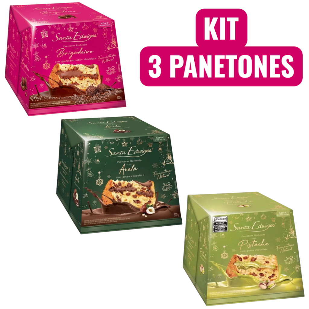Kit Panetones 3 Unidades Pistache Gotas Chocolate - Avelã - Brigadeiro 500g cada em Oferta na Shopee