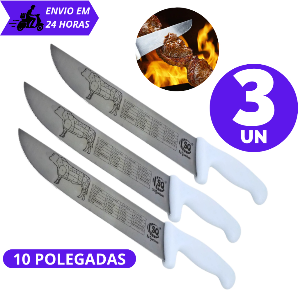 KIT 1/2/3 Faca Cabo Branco Açougueiro 10'' Polegadas Aço Inox Pra Açougueiro Para Açougue Churrascaria em Oferta na Shopee