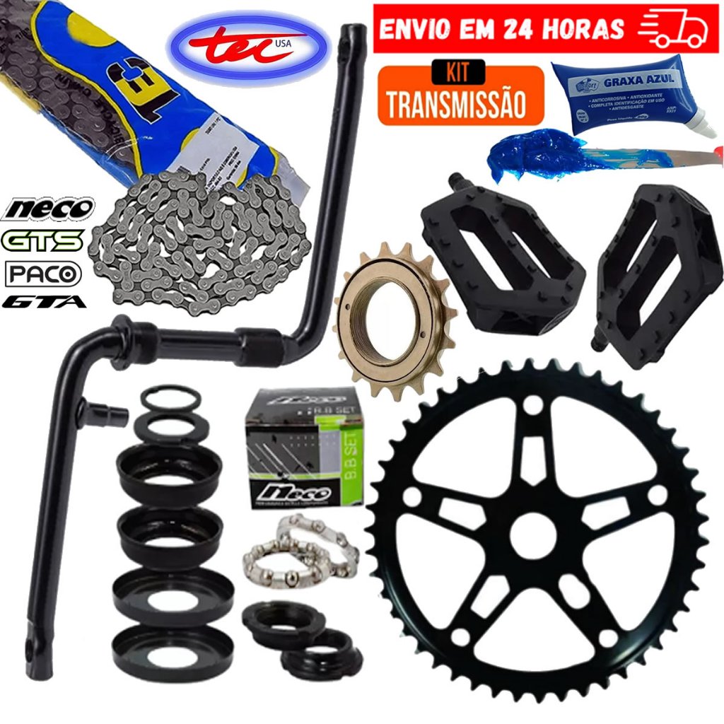 Kit Relação Bike Completo Coroa 46D Catraca 20D Corrente Pedivela 165mm Movimento Central Pedal