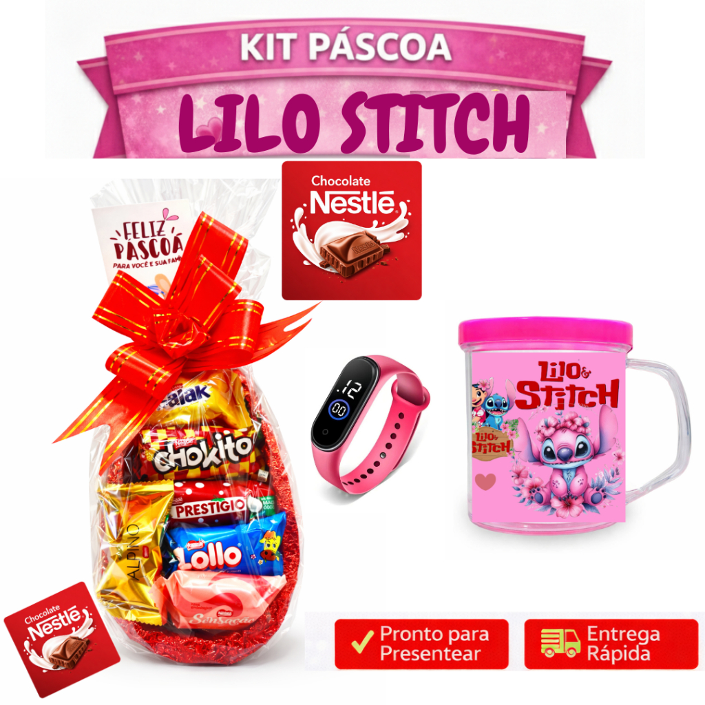 Ovo de Páscoa LILO & STITCH Nestlé Recheado com Bombons + Copo do Stitch + Relógio Digital Infantil