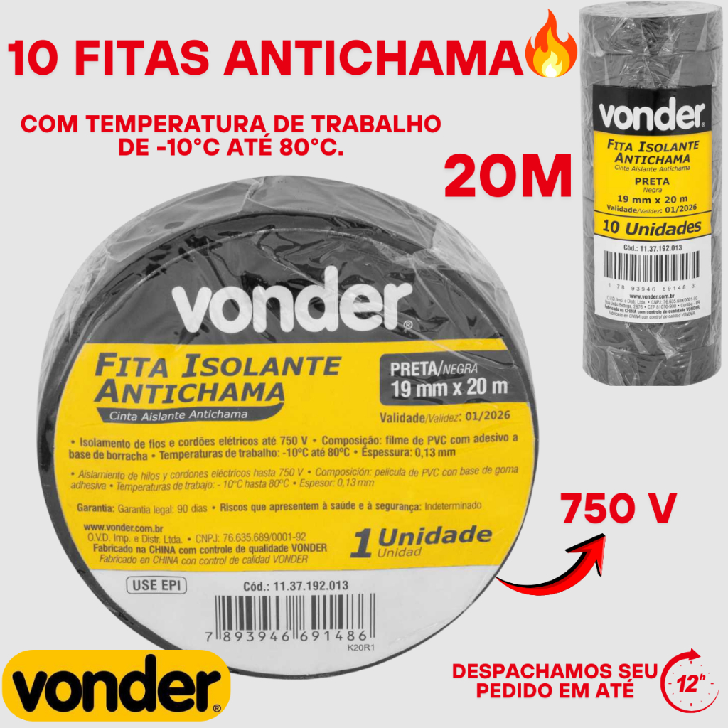 Kit com 10 Fita Isolante Antichamas Resistente 5M,10M e 20M Vonder Preta Pronta Entrega Envio Rápido em Oferta na Shopee