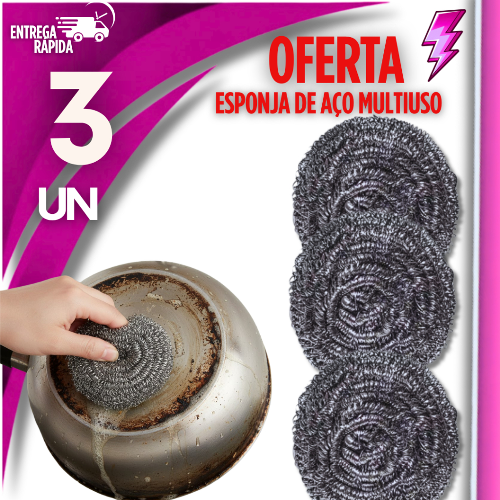 KIT 3 ESPONJAS DE AÇO LAVA LOUÇAS LIMPEZA PESADA PREMIUM  UTILIDADES PANELAS