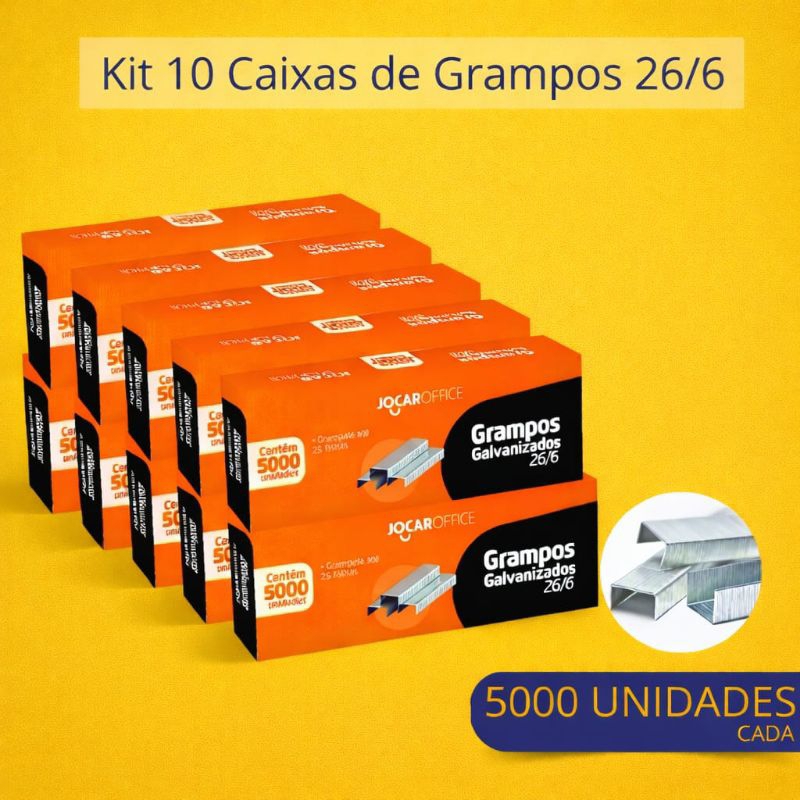 Kit 10 Caixas Grampo 26/6 para Grampeador - 50.000 Grampos Galvanizado Alta Resistência Escritório Escola