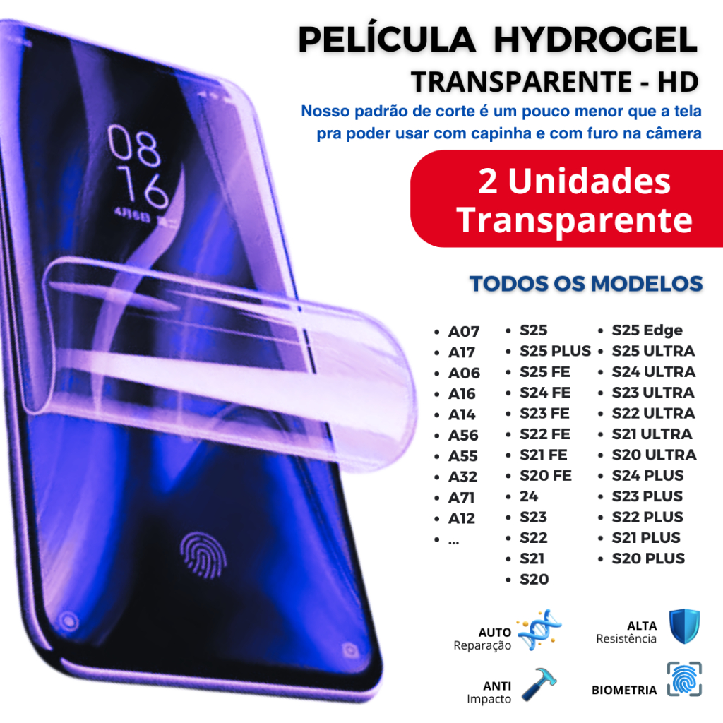 Kit 2 Peças de Película HIDROGEL TRANSPARENTE Premium TODOS OS MODELOS Samsung S e A e M em Oferta na Shopee