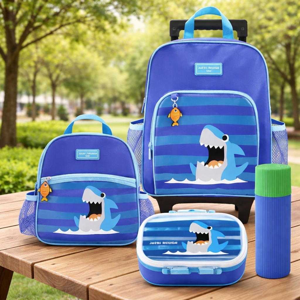 Conjunto Mochila com Rodinhas Lancheira Pote p/ Lanche e Porta Acessórios - Jacki Design