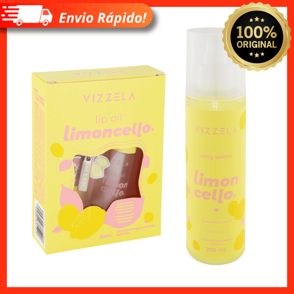 Combo Vizzela Body Splash e Lip Oil Limoncello - Acabamento Glossy Incolor e Notas Cítricas de Limão