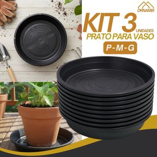 Kit 3 Prato Vaso De Planta Coletor de Água Plástico Preto Pratinho Furos Suspenso - Pequeno Médio Grande